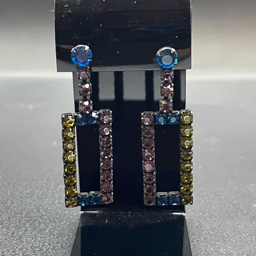 Mid-Century Japanned Rhinestone Geometric Multicolor Screwback‎ Drop Earrings - Picture 5 of 6